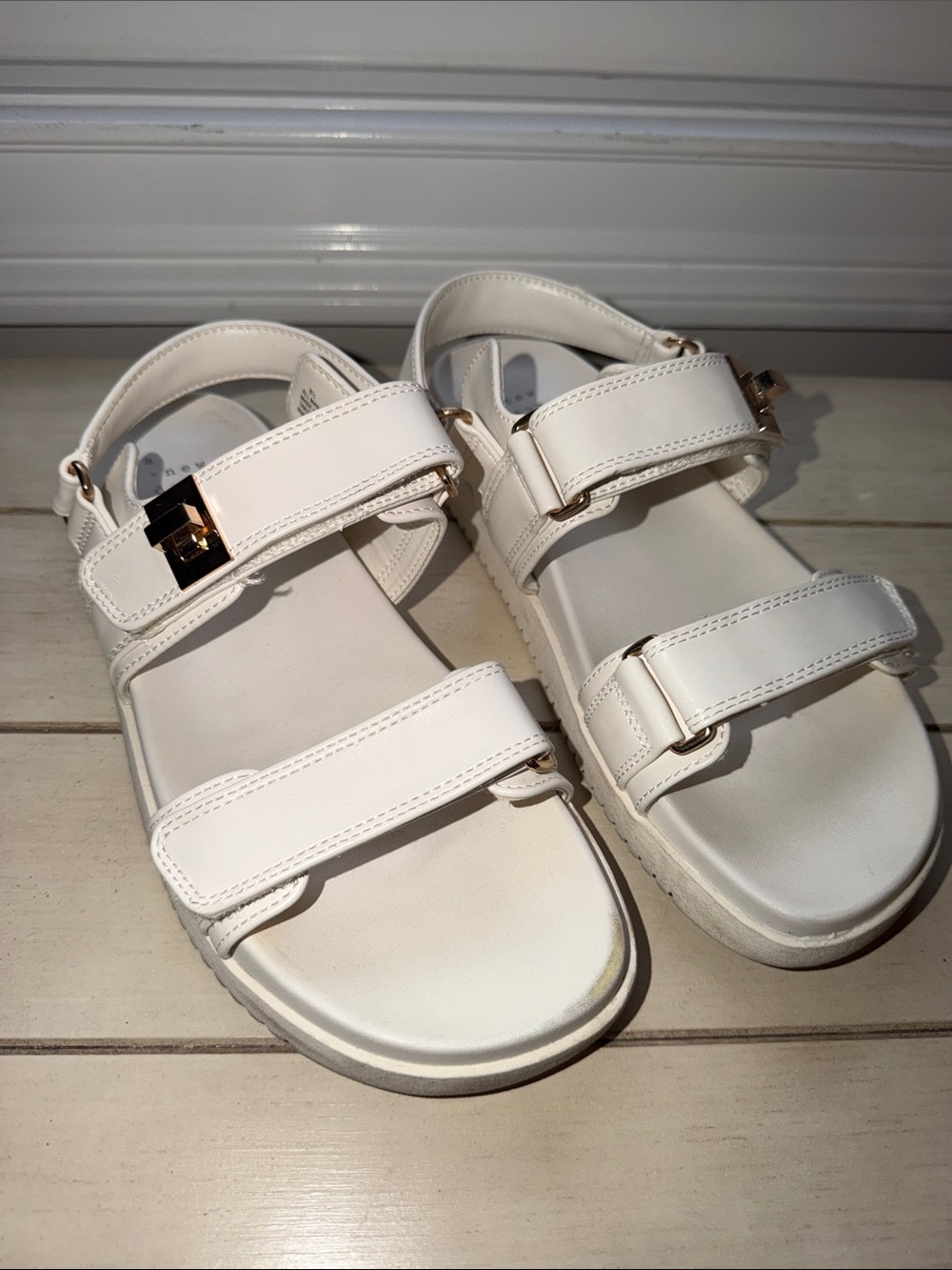 a new day White Women's Dual-Strap Velcro Sandals with Gold Accents